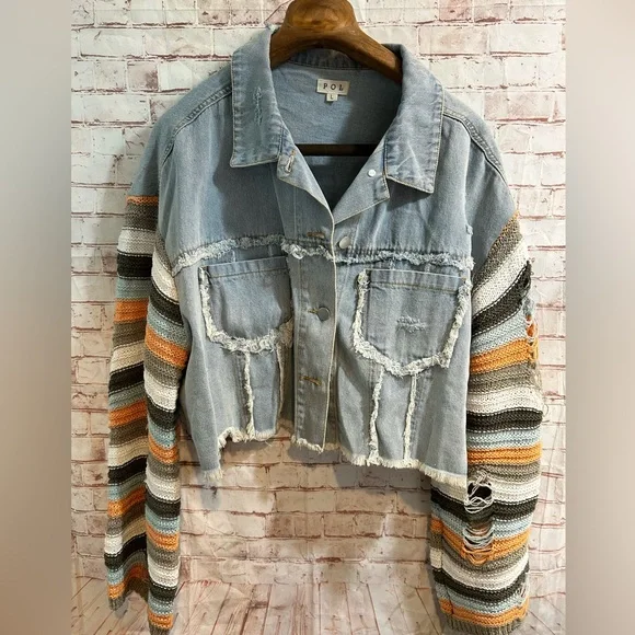 POL Blue Jean Jacket with Multicolor Striped Sleeves - Picture 3 of 4